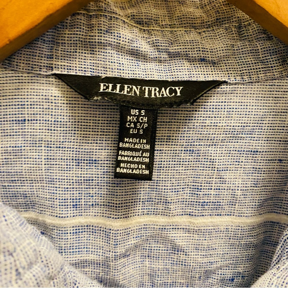 Ellen Tracy 100% Linen Gauzy Shirt Sz Small Popover Blue Stripe Roll Tab Sleeves - Picture 5 of 6